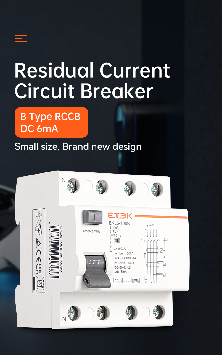 ETEK EKL6-100B Защита от утечки постоянного тока 6 мА тип B RCD RCCB 25-63A  для зарядного устройства переменного тока EV - Китай ETEK Electric